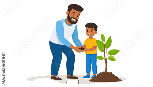 A bearded father and his young son happily planting a small green tree together.
