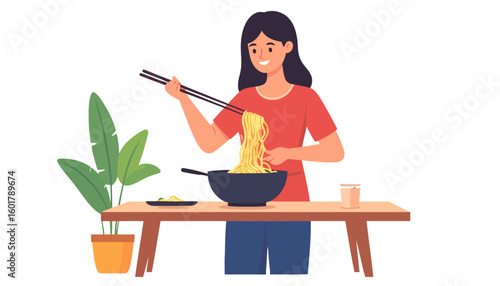 Smiling young woman with dark hair eating Asian noodles with chopsticks from a large black bowl.