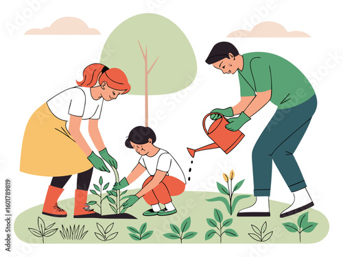 Family planting trees and watering plants together outdoors