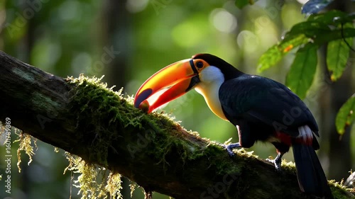A vibrant Toco Toucan (Ramphastos toco) with its large orange beak, sitting on a moss-covered branch. The background is a lush, green tropical forest with soft sunlight