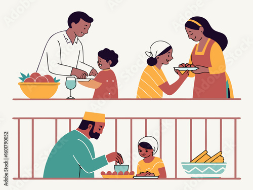 Diverse family preparing and sharing food together