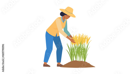 Female farmer in a yellow hat and vest harvesting golden wheat stalks.