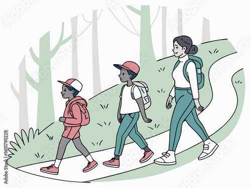 Family hiking together on a scenic forest trail