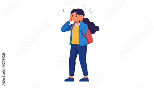 Stressed cartoon girl in a blue jacket holding her head, looking anxious and overwhelmed.
