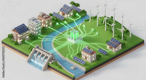 Fototapeta Naklejka Na Ścianę i Meble -  Sustainable smart city powered by renewable energy sources, interconnected via a green energy grid.