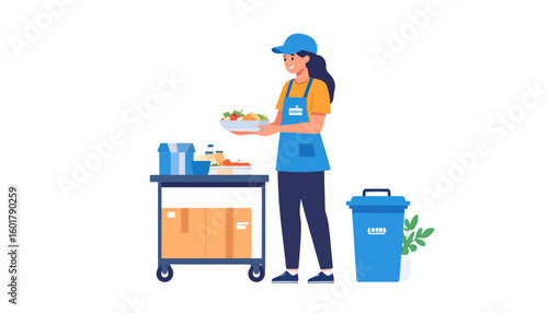 Smiling female volunteer in a blue uniform sorting food donations for charity.