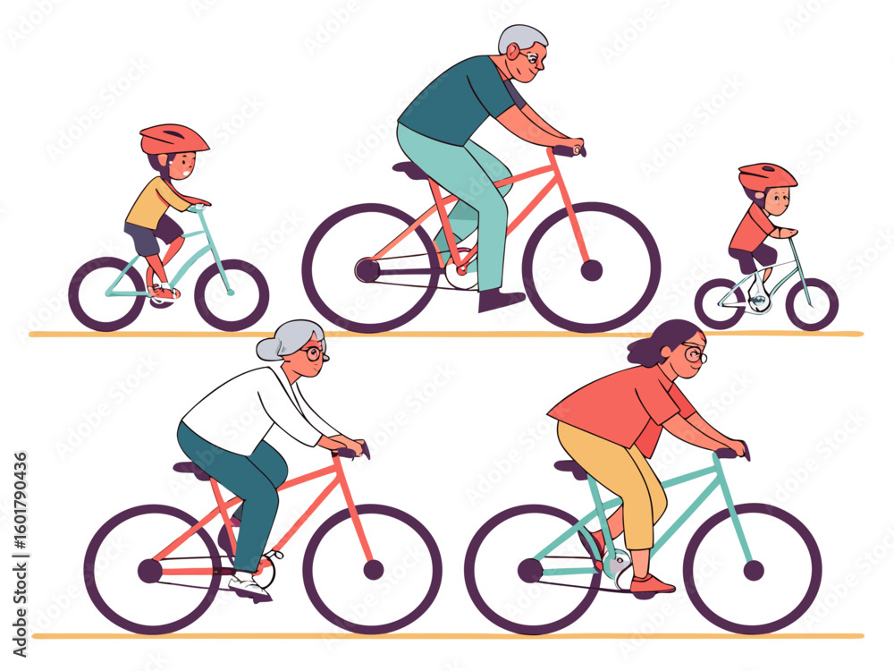 Naklejka premium A multi generational family enjoys a bicycle ride together