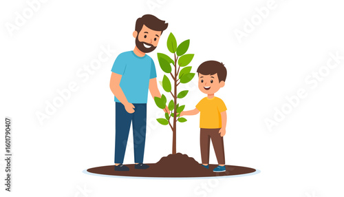 A smiling cartoon father with a beard and his young son happily planting a green sapling together.