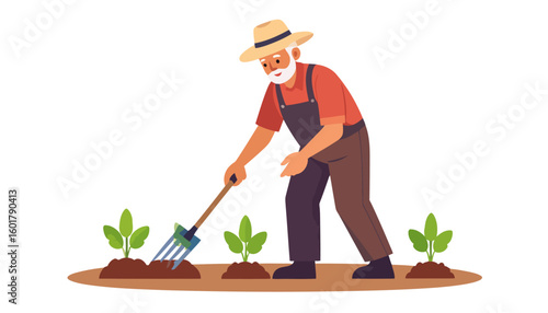 Elderly farmer with a white beard and straw hat cultivating soil with a garden fork.