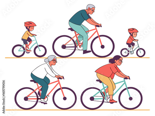 A multi generational family enjoys a bicycle ride together