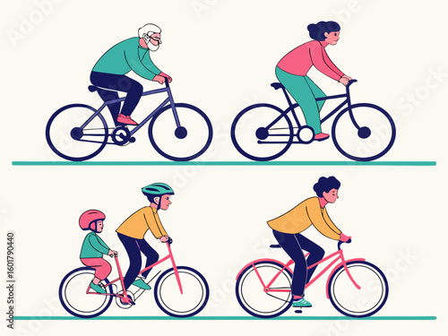 Diverse family and friends enjoying bicycle rides together