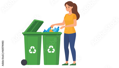 Smiling woman with a ponytail recycling plastic bottles into a green bin with a recycling symbol.
