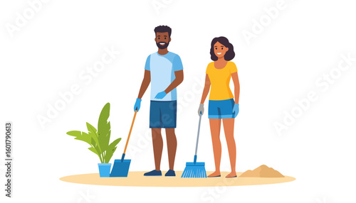 Happy diverse couple in casual clothes cleaning with a shovel and broom, vector illustration.