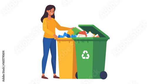 Smiling young woman in a yellow shirt sorting trash into colorful recycling bins.