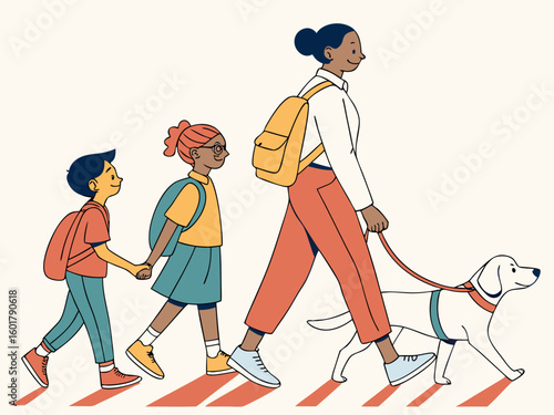 Woman and children walk with a guide dog across a street