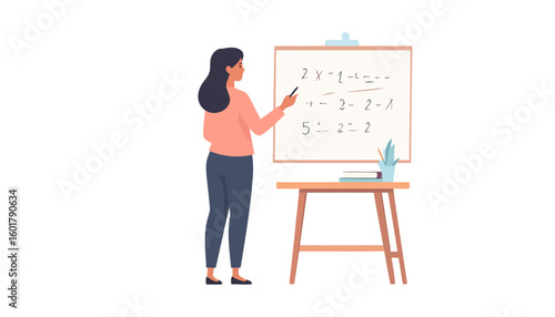 A female teacher with long dark hair explaining math problems on a whiteboard.