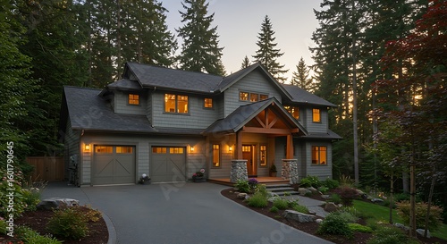 Grey home with wood siding, stone column, covered porch and two garage spaces. Northwest, USA
