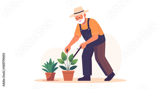 Happy elderly gardener with a white beard, wearing a straw hat and overalls, tending to potted plants with a small tool.