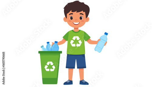 Cheerful cartoon boy in a green recycling t-shirt sorting plastic water bottles into a bin.
