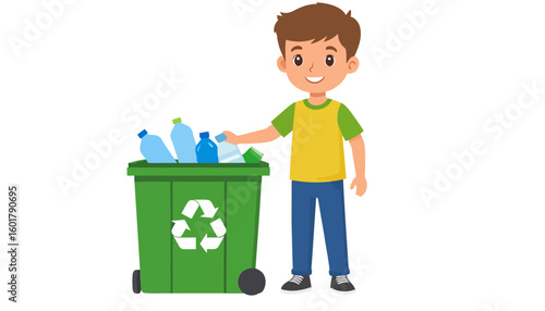 Happy cartoon boy with brown hair recycling plastic waste into a green bin with a recycle symbol.