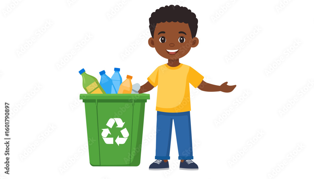 Smiling African American boy in a yellow shirt recycling plastic bottles in a green bin. Smiling African American boy in a yellow shirt recycling plastic bottles in a green bin.