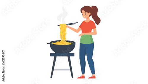 Smiling cartoon woman with a ponytail cooking steaming hot noodles in a wok with chopsticks.