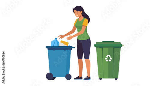 Smiling woman with dark hair sorting waste into a blue bin, with a green recycling container nearby.