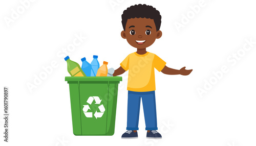 Smiling African American boy in a yellow shirt recycling plastic bottles in a green bin.