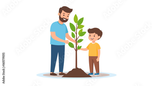 A smiling bearded father and his young son planting a green sapling together, a heartwarming family activity.