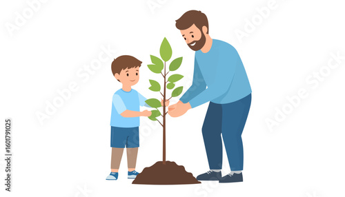 A caring father and his young son planting a green tree sapling together in a flat illustration style.