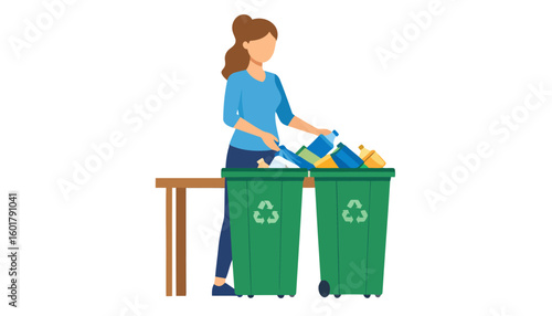 A woman with a ponytail sorting plastic bottles into green recycling bins. Flat vector illustration of an eco-friendly lifestyle and waste management.