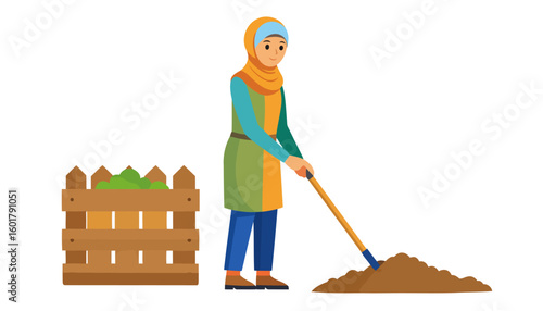 Smiling woman in a yellow hijab and colorful tunic digging soil with a shovel next to a wooden crate of produce.