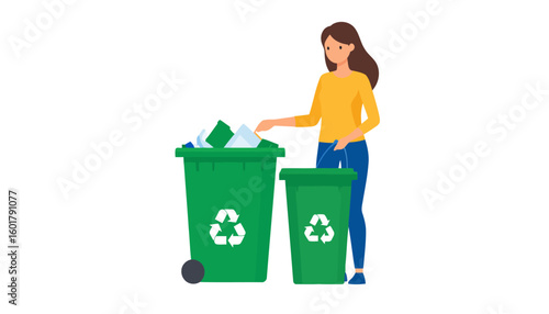 Woman in a yellow top and blue jeans sorting trash into green recycling containers.