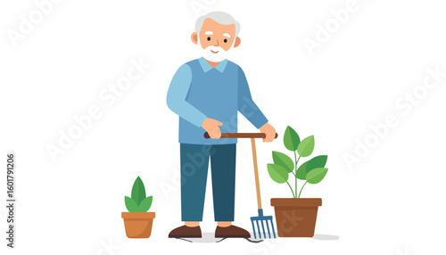 Smiling elderly man with white hair and beard gardening with a rake and potted plants.