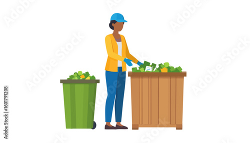 A woman in a yellow jacket and blue cap sorting green waste into a wooden crate.