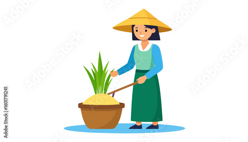 Smiling female farmer in a yellow conical hat tending to a potted rice plant.