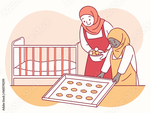 Muslim women baking cookies near baby crib