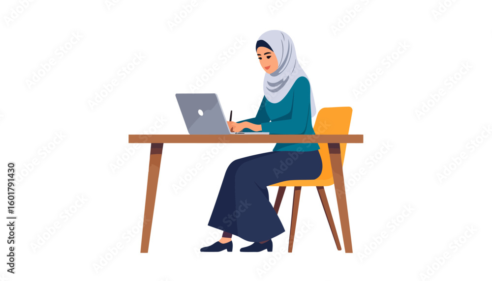 Fototapeta premium Modern Muslim woman in a hijab working on a laptop, sitting at a wooden desk with a focused expression.