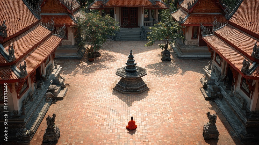 Fototapeta premium Tranquil Meditation Scene in a Serene Temple Courtyard Surrounded by Traditional Asian Architecture and Lush Greenery