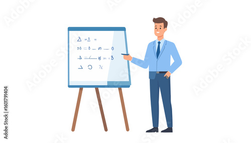 Smiling businessman in a light blue suit pointing at a whiteboard during a presentation.