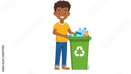 Smiling African American boy in a yellow shirt recycling plastic bottles into a green bin.