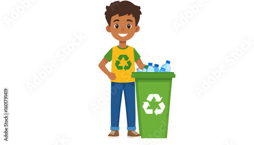 Happy young boy with a recycling symbol shirt standing by a green bin full of plastic bottles.
