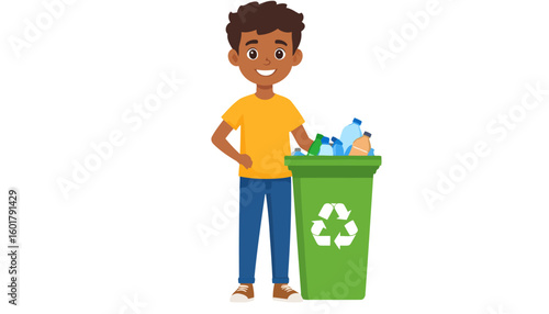 Cheerful African American boy in a yellow shirt recycling plastic bottles into a green bin.