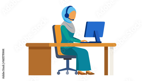 Muslim woman in a blue hijab working as a call center operator at her computer desk.