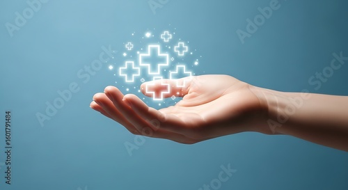 A hand offering health symbols representing wellness and care. 