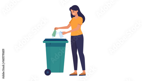 Smiling woman with dark hair in an orange shirt throwing trash into a green wheeled bin.