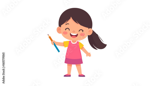 Happy cartoon girl with a dark ponytail, smiling joyfully while holding a colored pencil.