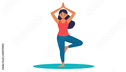 Young woman with dark hair in a red top and blue leggings practicing the Tree Pose (Vrikshasana) on a mat.