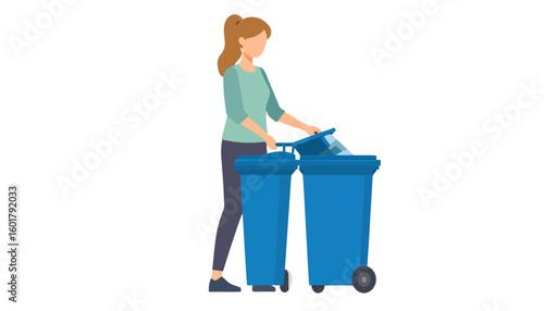 Faceless woman with a ponytail recycling waste into two blue plastic wheelie bins.