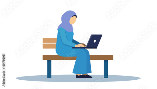 Faceless Muslim woman in a blue hijab and dress sitting on a bench, typing on a laptop computer.